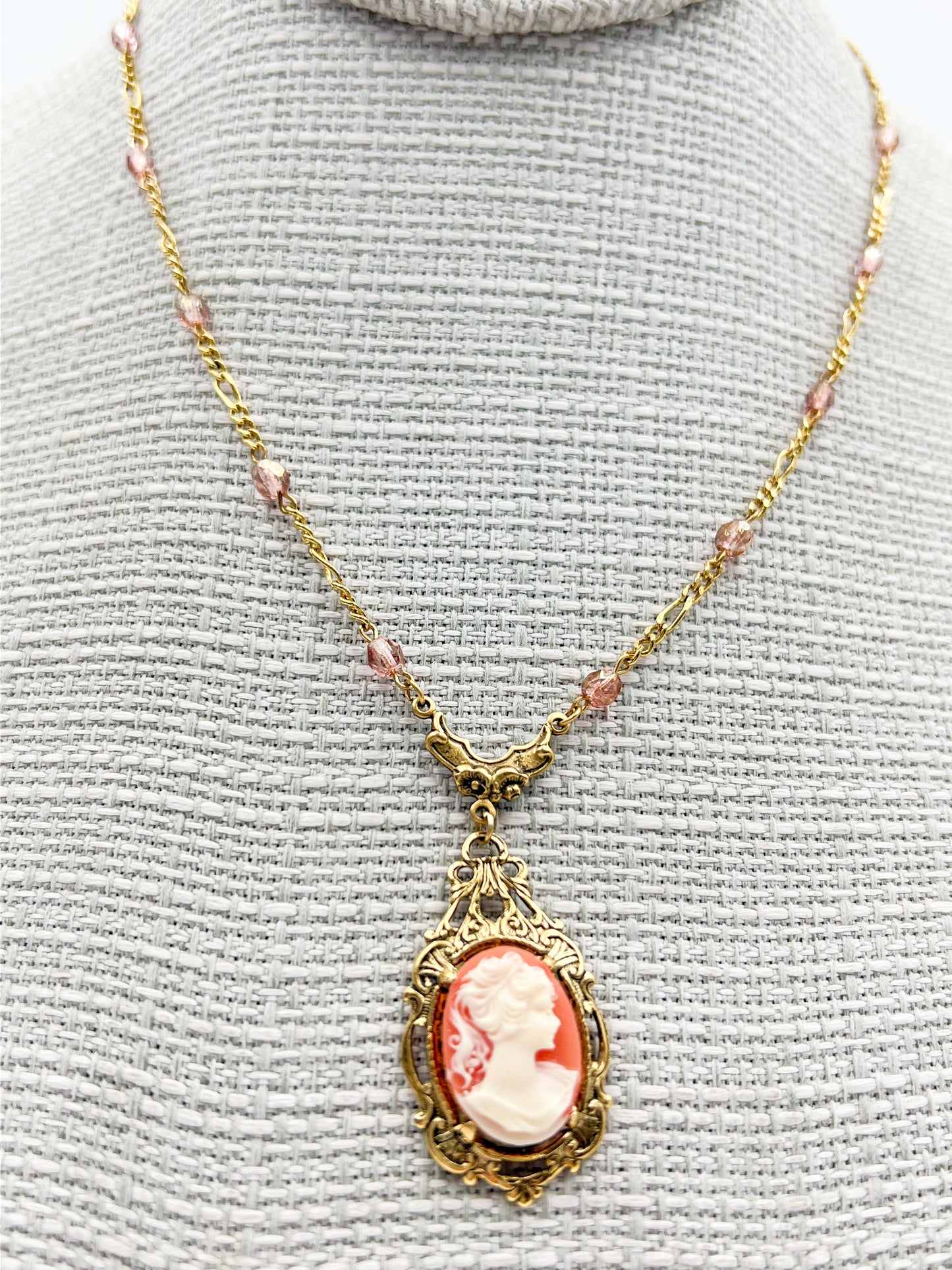 Dark Pink Victorian Cameo Necklace - Gold