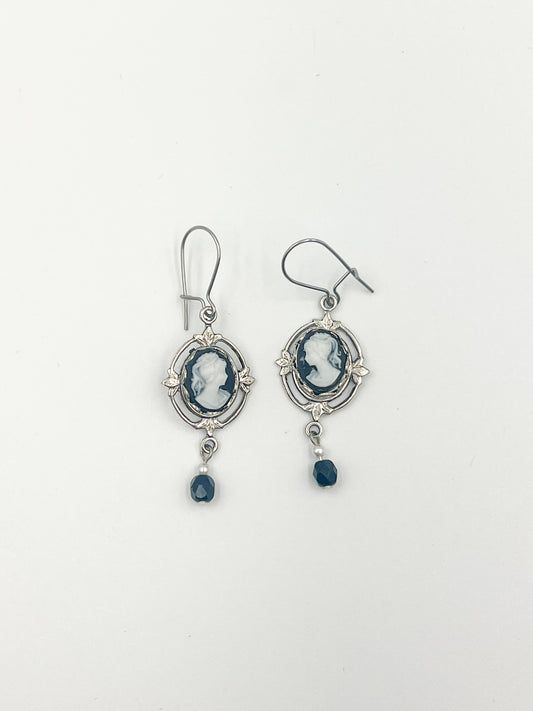 Black Mini Cameo Earrings - Ornate Silver Setting