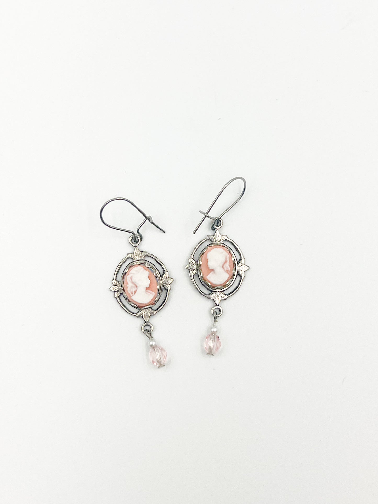 Pink Mini Cameo Earrings - Ornate Silver Setting