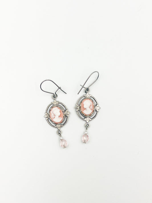 Pink Mini Cameo Earrings - Ornate Silver Setting