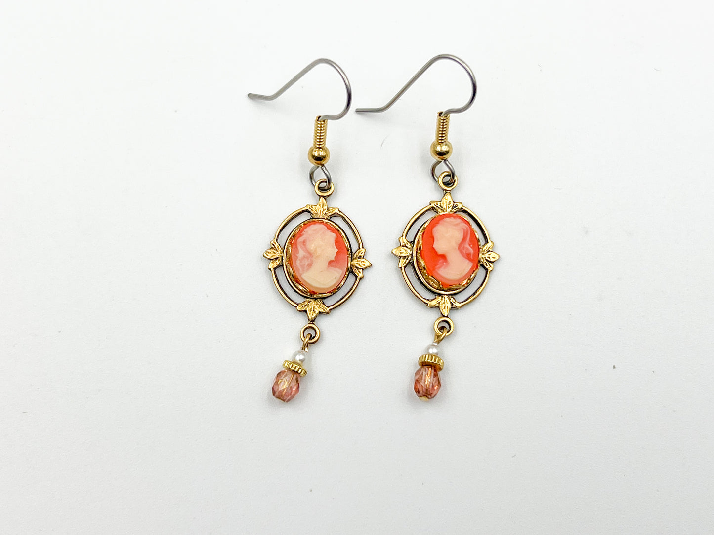 Ornate Peachy Pink Mini Cameo Earrings