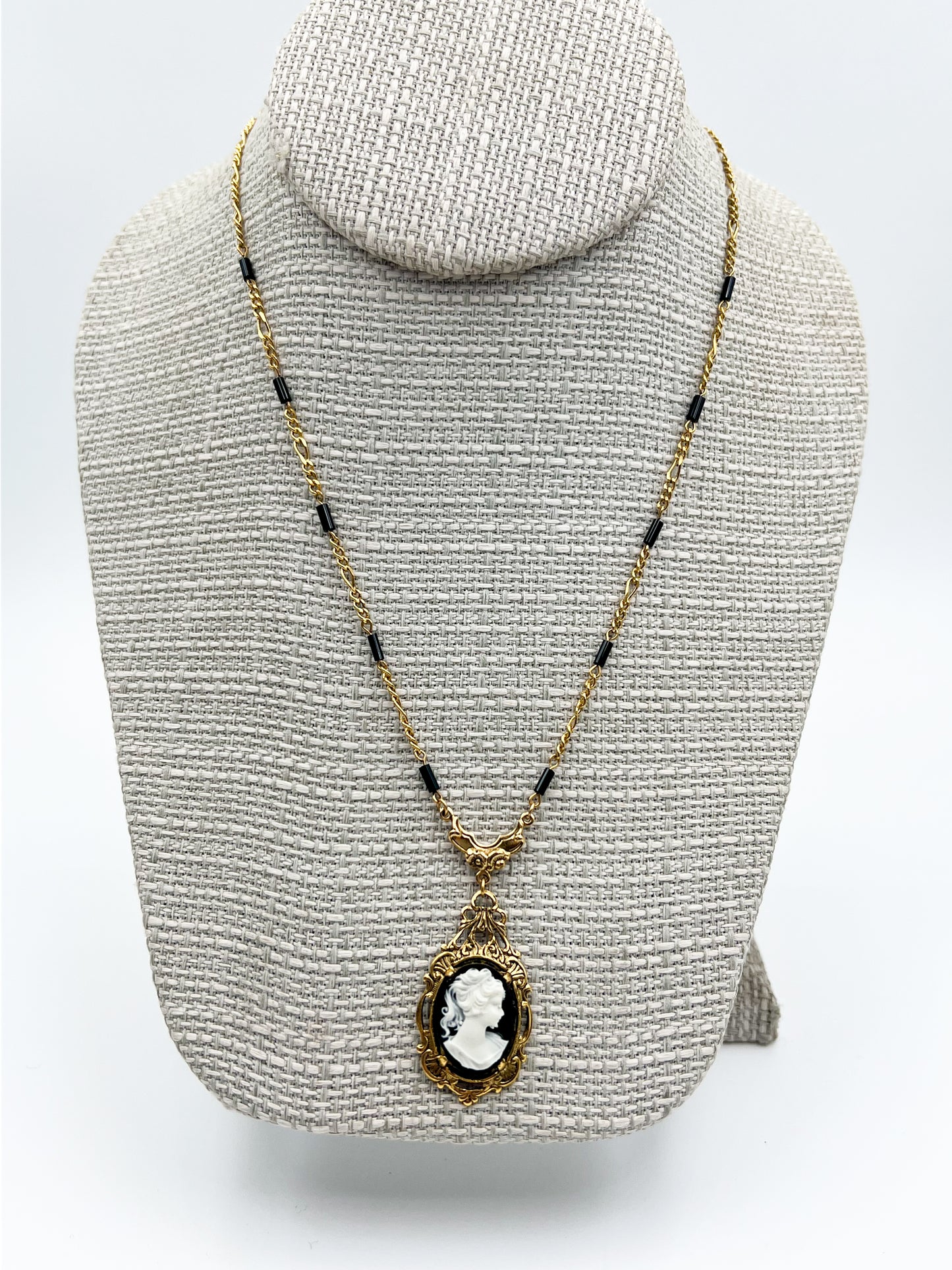 Black Victorian Cameo Necklace - Gold