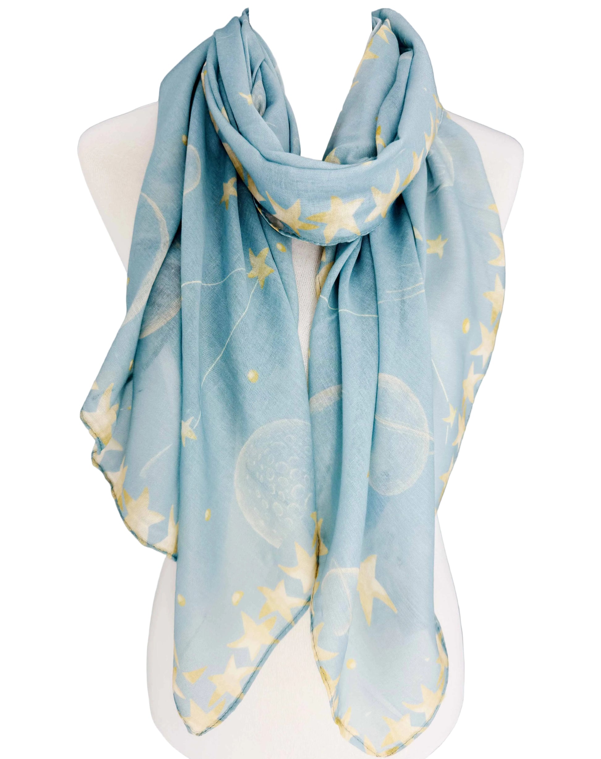 Light blue scarf with starfish pattern on a mannequin against a gray background