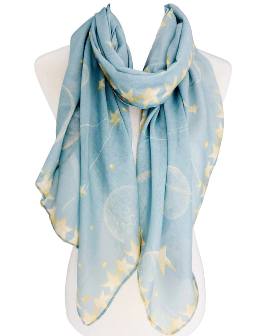 Light blue scarf with starfish pattern on a mannequin against a gray background