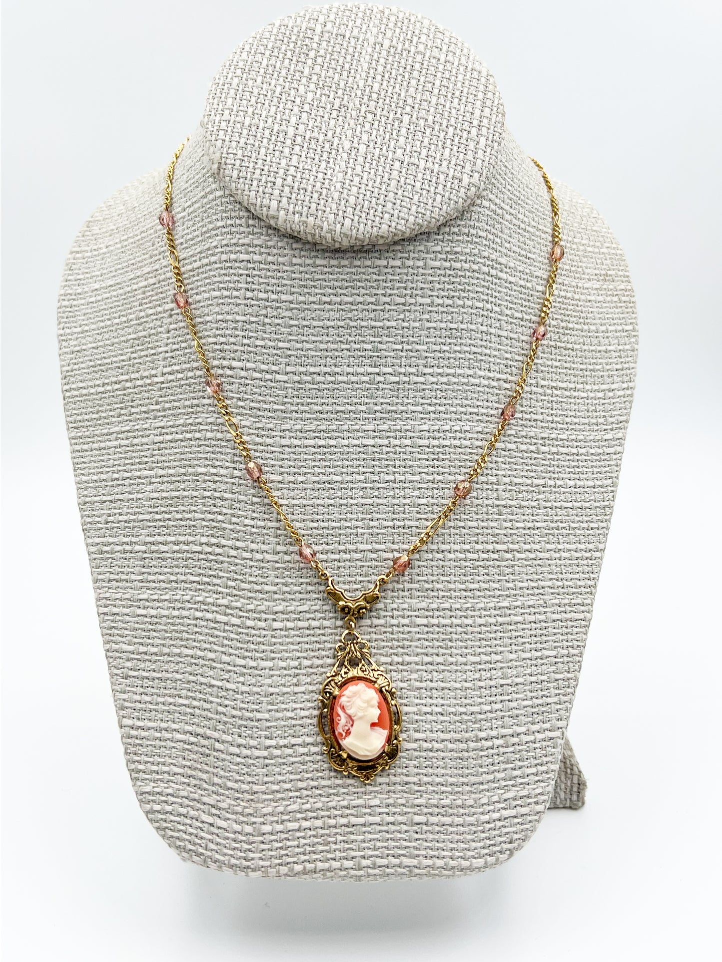 Dark Pink Victorian Cameo Necklace - Gold