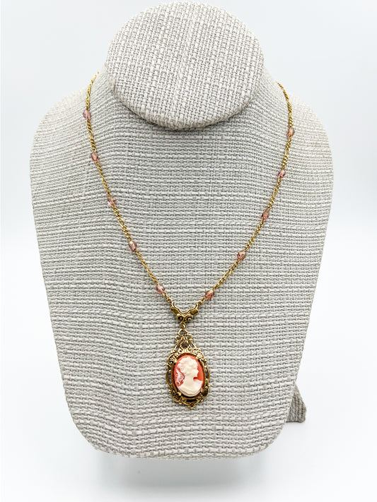 Dark Pink Victorian Cameo Necklace - Gold