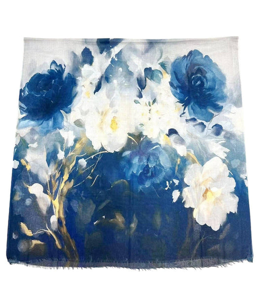 Floral scarf with blue and white flowers on a white background