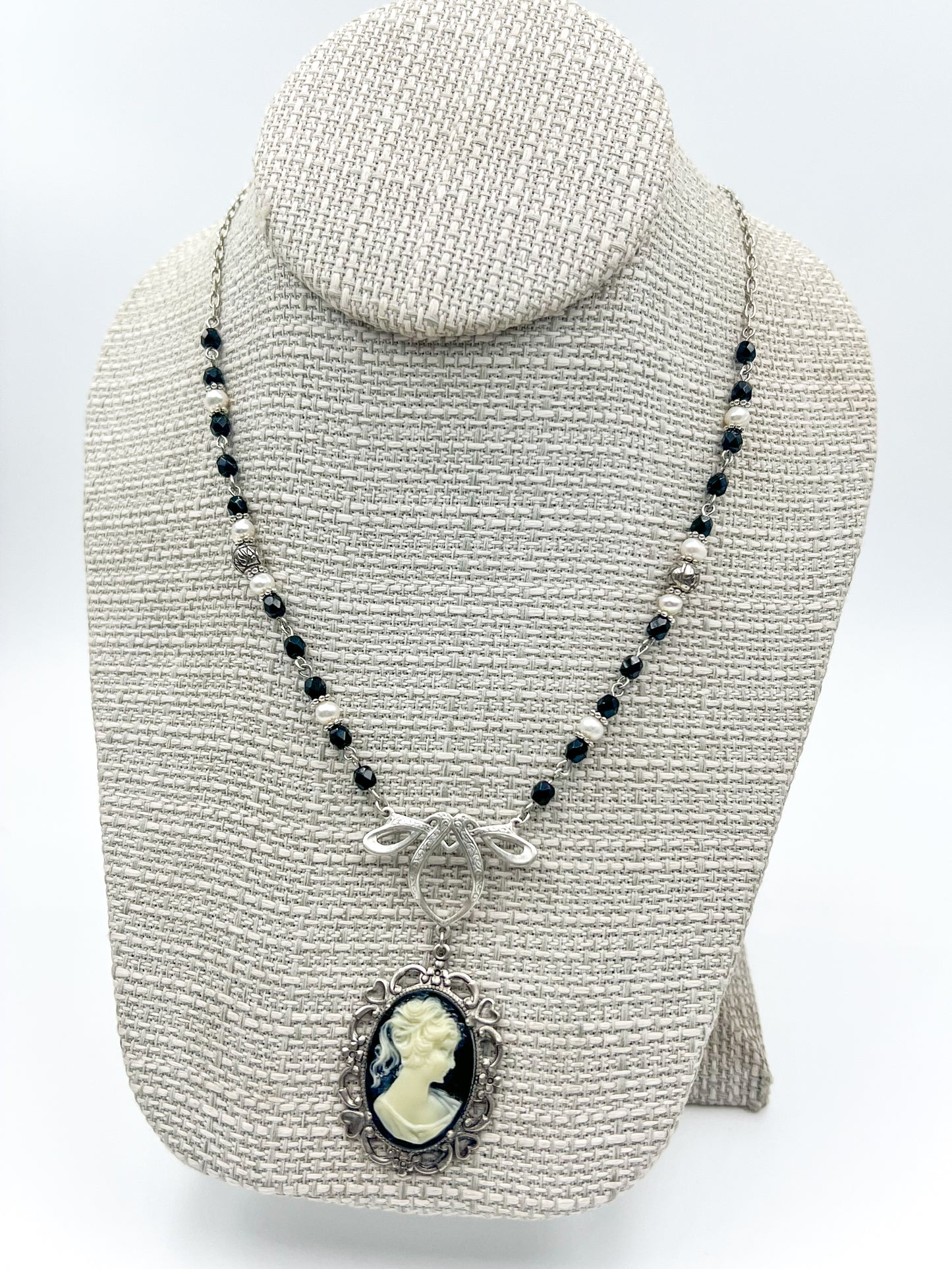 Black Cameo Necklace in Silver