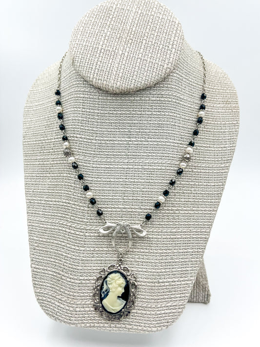 Black Cameo Necklace in Silver