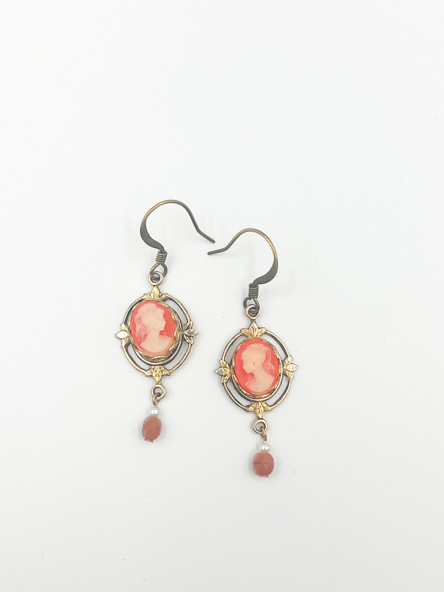 Peach Pink Mini Cameo Earrings - Ornate Gold Setting