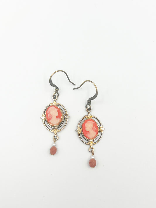 Peach Pink Mini Cameo Earrings - Ornate Gold Setting