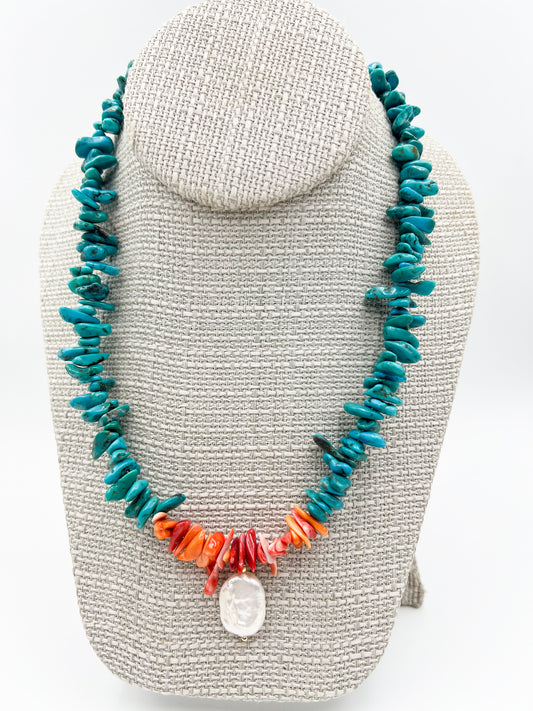 Spiny Coral + Turquoise Neckalce