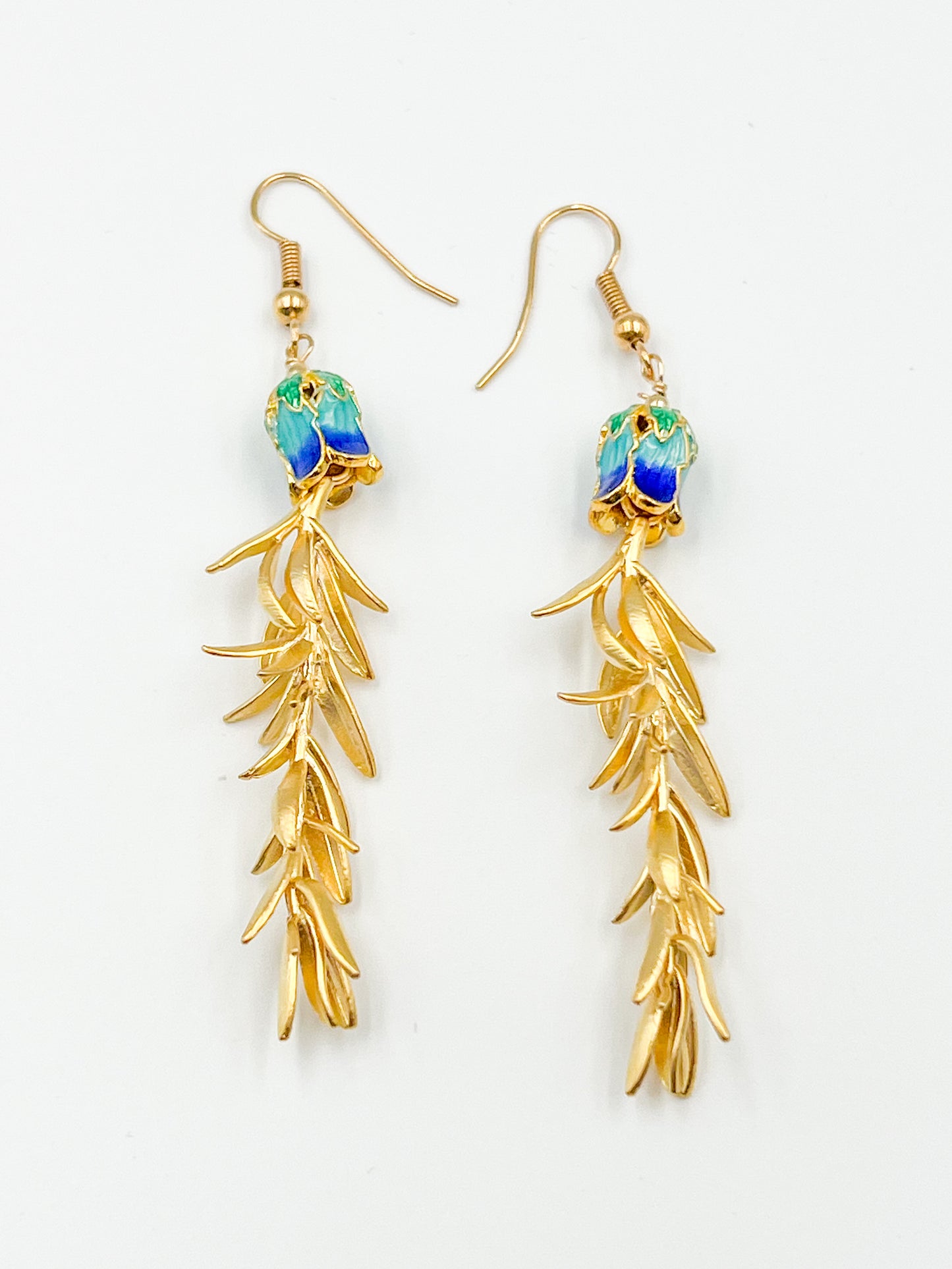enameled Flower + Gold Leaves Drop Earring 