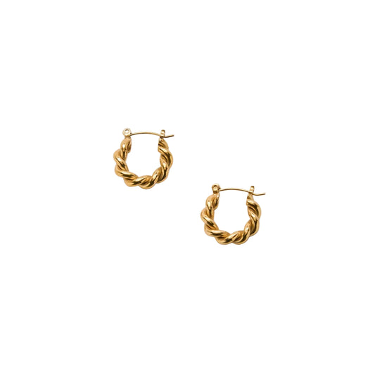 A pair of small gold hoop earrings with a twisted rope texture, displayed on a clean white background.