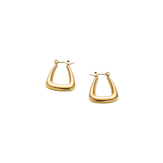 Gold hoop earrings on a light gray background