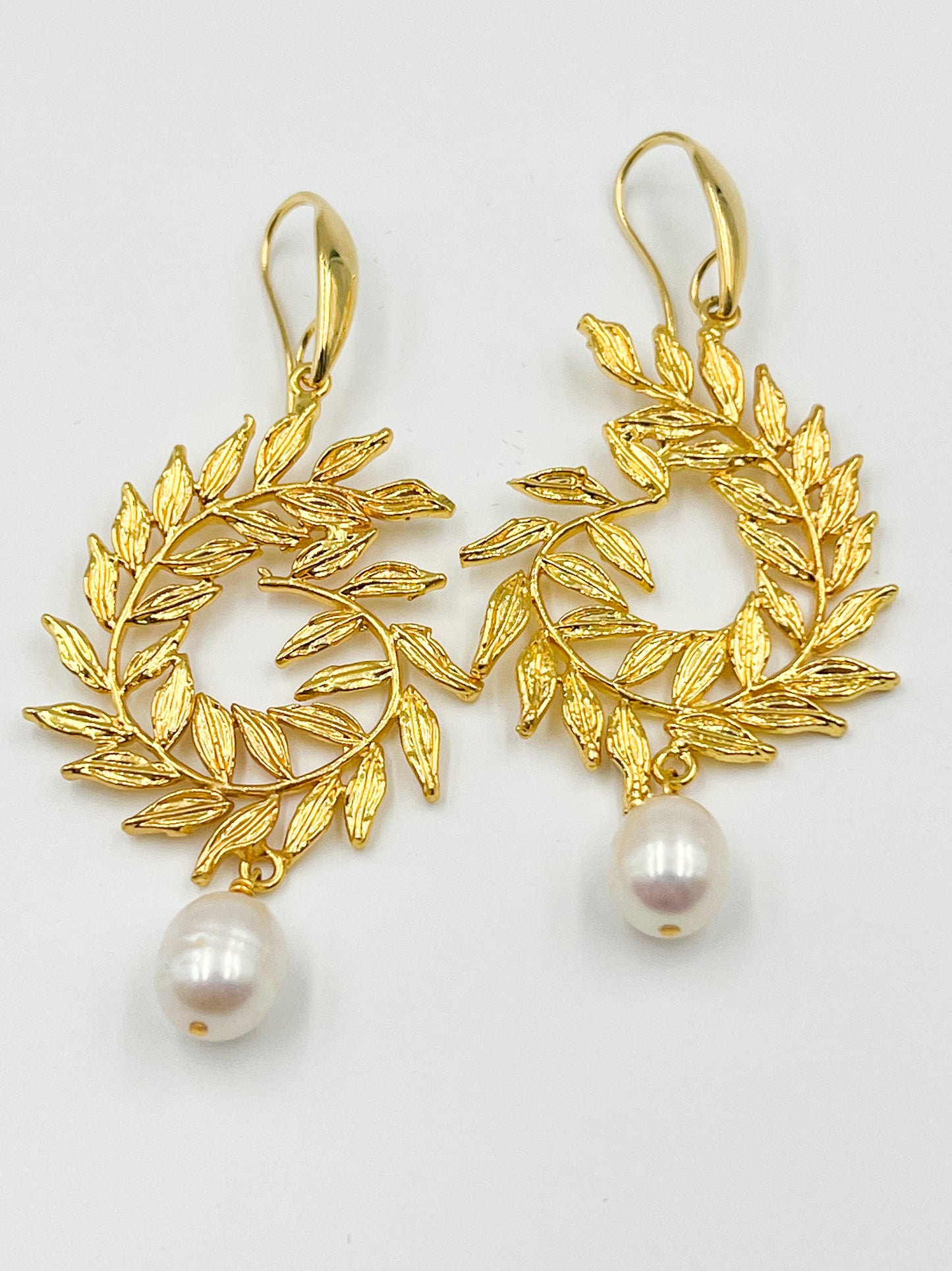 Ornate Leaf + Freshwater Pearl Wire Drop Earring 