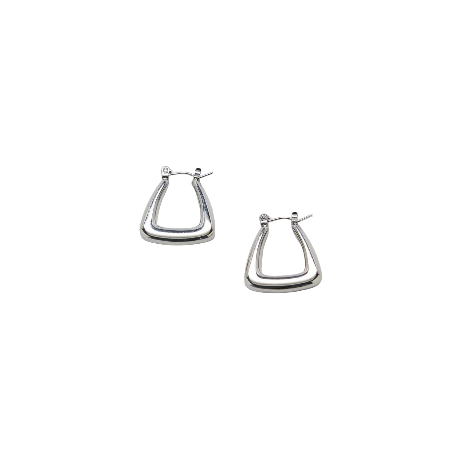 A pair of polished silver geometric hoop earrings with a double-band design, displayed on a clean, light gray background.