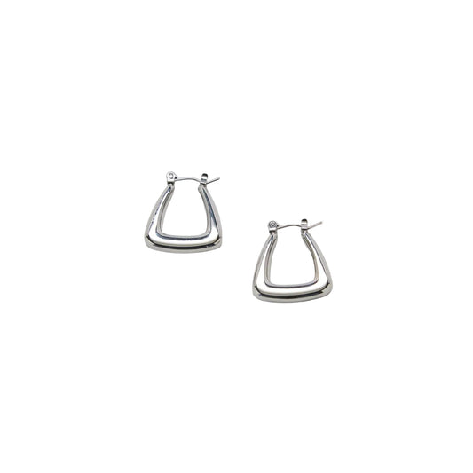 A pair of polished silver geometric hoop earrings with a double-band design, displayed on a clean, light gray background.