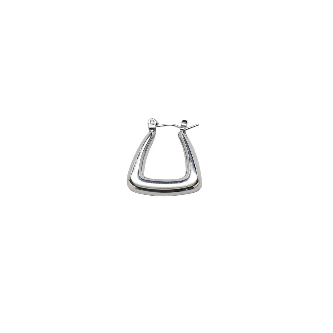 A polished silver-tone triangular hoop earring with a hinged post, shown on a plain light gray background.