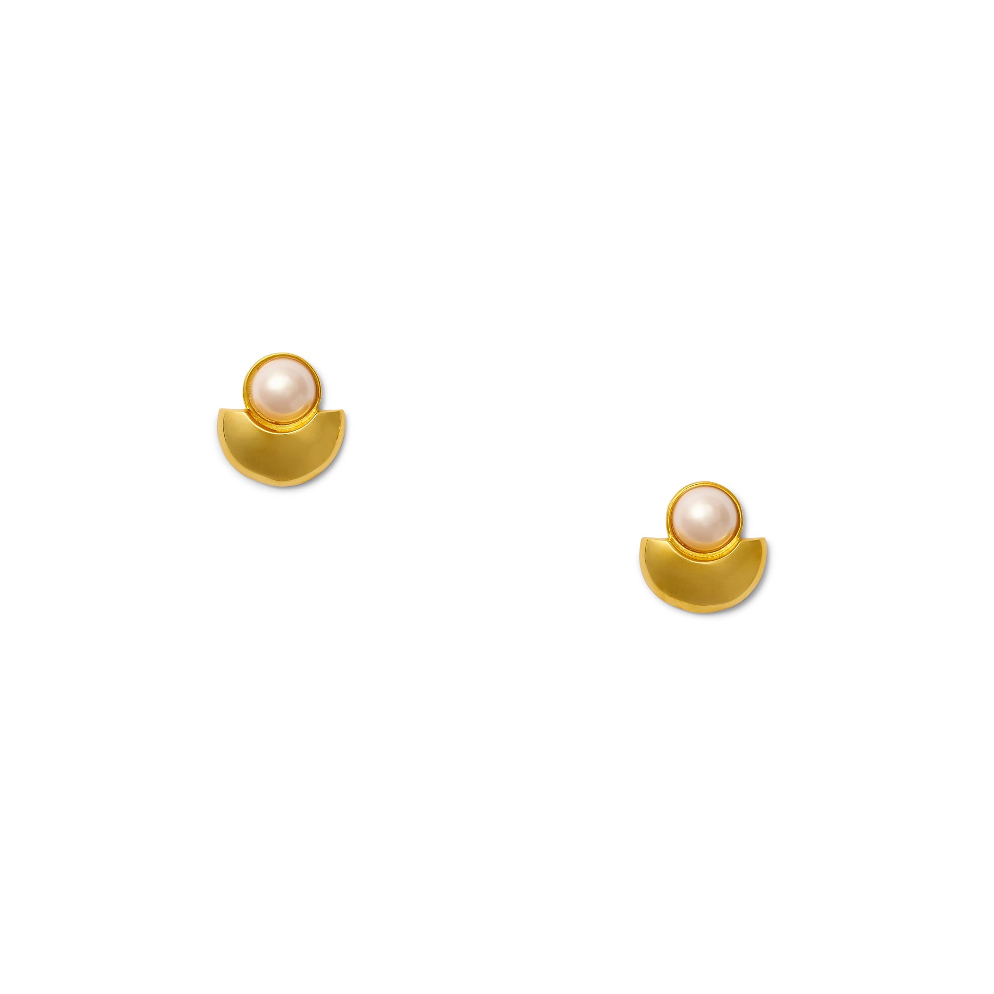 Swanky + sleek The Details Sculpted, modern post earring 2/3” x 2/3” 10mm round cabochon detail Polished 14 karat gold over brass Surgical steel post with large hypoallergenic silicone back