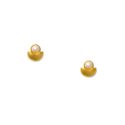 Swanky + sleek The Details Sculpted, modern post earring 2/3” x 2/3” 10mm round cabochon detail Polished 14 karat gold over brass Surgical steel post with large hypoallergenic silicone back