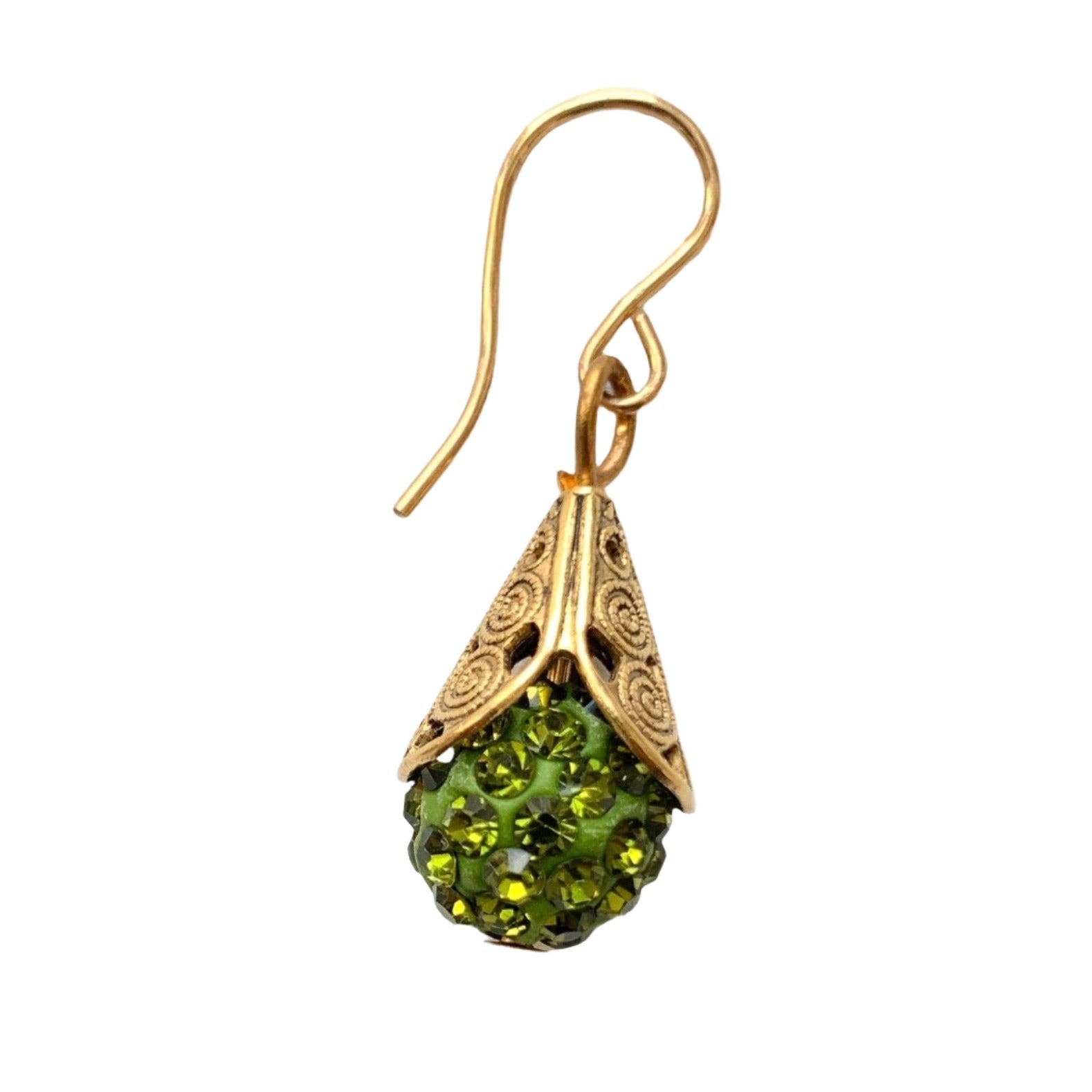This is a classic earring style that never leaves the Lenora Dame collection. Sparkling rhinestone paves cupped into high-quality gold plated brass filigree bead caps with detailed scrolled etching give these earrings a high-end vintage earring look. Perfect gift or treat yourself to this earring that's perfect to add a little bling and sparkle to casual or special occasion outfits. 1" drop. Handmade in the USA.