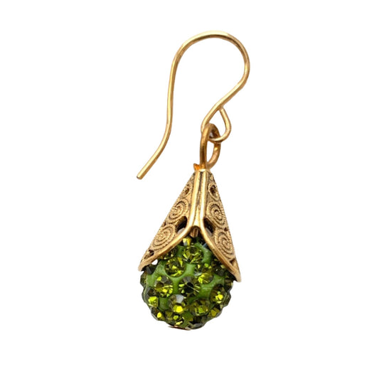 This is a classic earring style that never leaves the Lenora Dame collection. Sparkling rhinestone paves cupped into high-quality gold plated brass filigree bead caps with detailed scrolled etching give these earrings a high-end vintage earring look. Perfect gift or treat yourself to this earring that's perfect to add a little bling and sparkle to casual or special occasion outfits. 1" drop. Handmade in the USA.