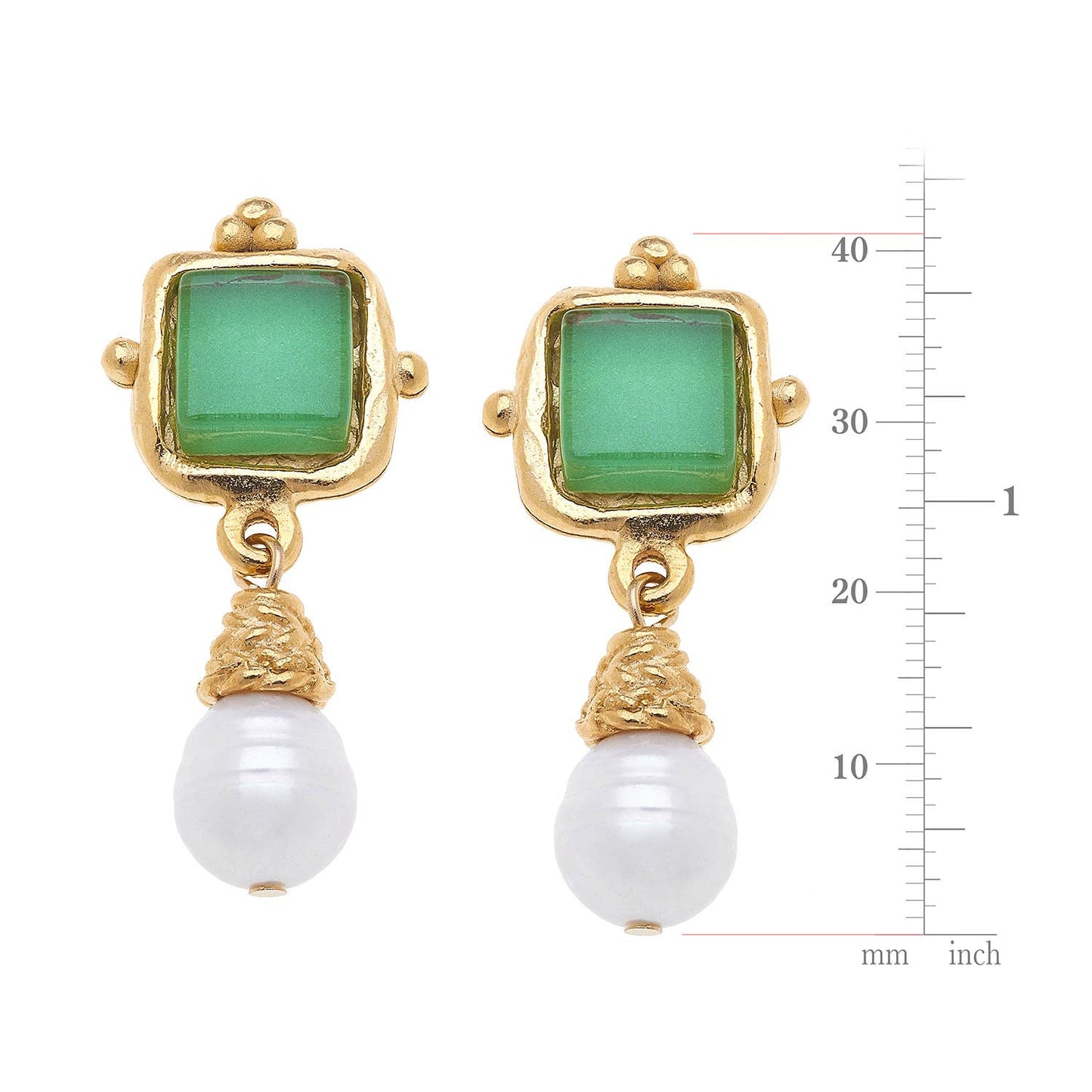 Green French Glass + Pearl Drop Earrings