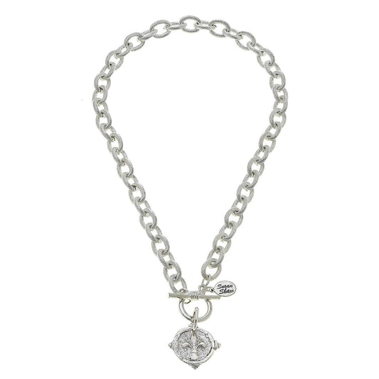 Handcast Silver Intaglio Fleur de Lis Front Toggle Necklace