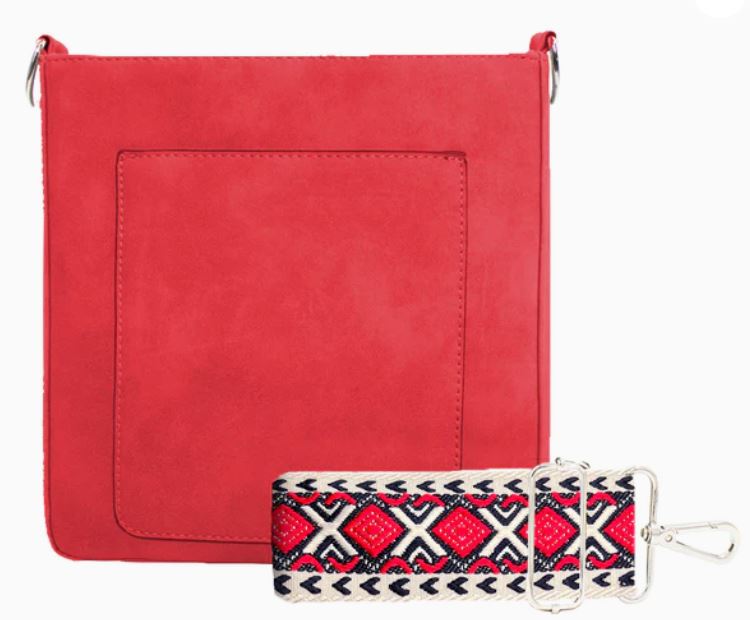 Fire Red Ashley Crossbody Bag The Ashley Crossbody Bag is a stunner - with lux vegan suede in popping colors and two straps: one vibrant guitar and one faux suede to match. Not to mention the built-in RFID-protected card slots, this purse is the hottest way to keep your goodies safe and stylish. Plus, the open pocket on the front is perfect for easy access!