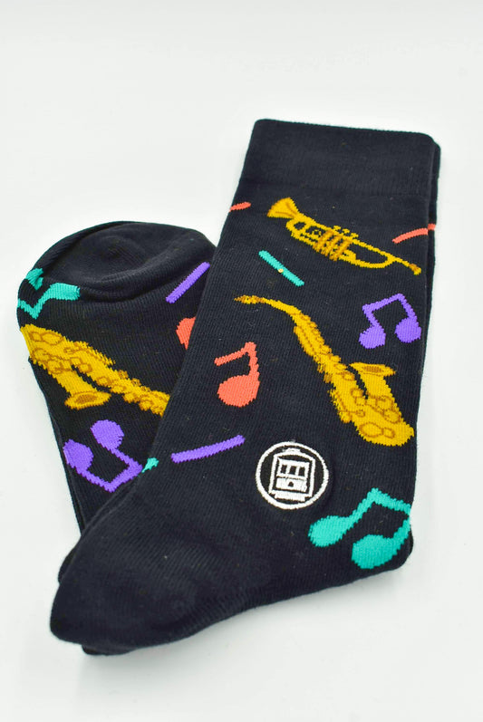 Black Sock With Jazz Theme Designs Saxaphone, Trumpet, and Musical Symbols. Unisex Crew/Calf Sock