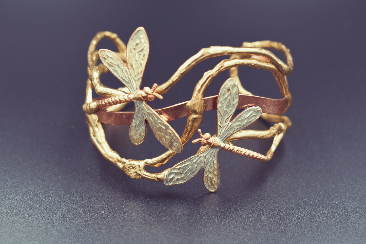 Dragonfly Cuff - two smaller Dragonfly - Adjustable Brass, bronze, and copper with silver Local Louisiana Artist