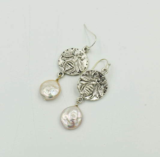 Silver Bee Coin Earring