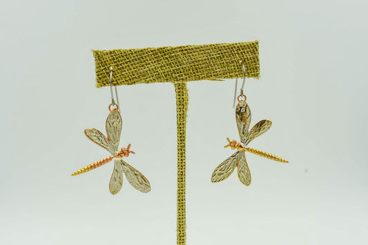 Dragonfly earrings with two large dragonflies. Made with enameled: Brass, bronze, and copper with silver  Locally made in Louisiana 