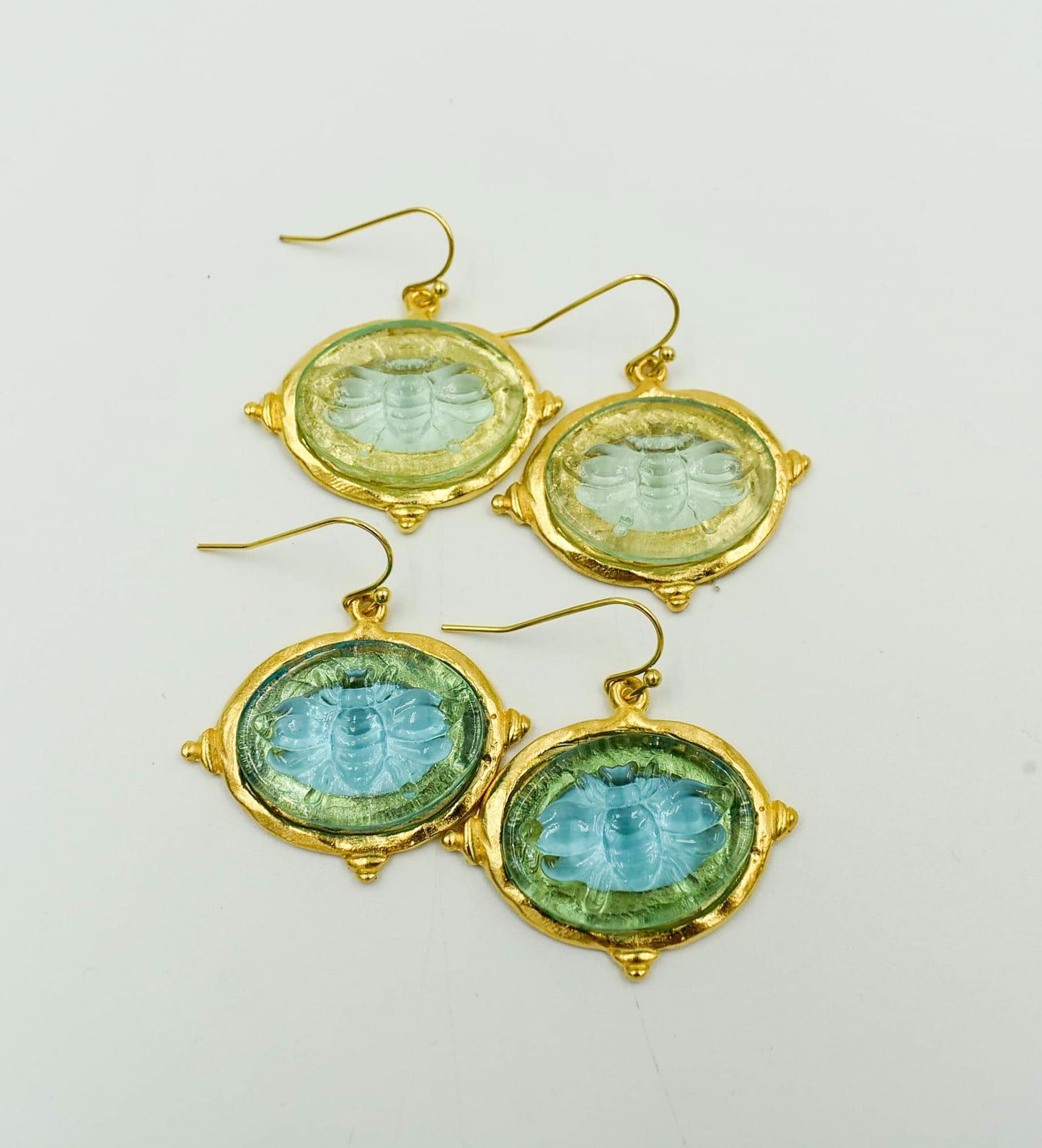 Clear & Aqua Venetian Glass Bee Earring Handcast Gold  French Wire  1.65" 