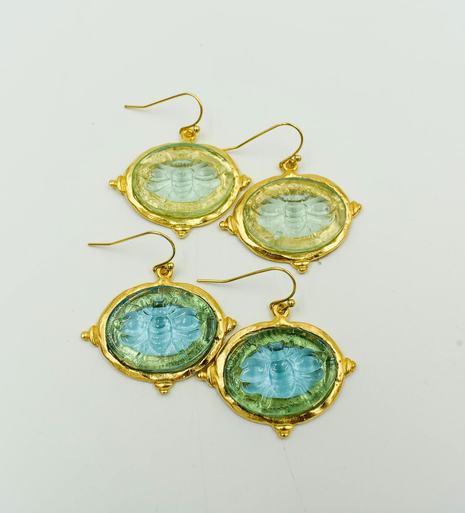 Clear & Aqua Venetian Glass Bee Earring Handcast Gold  French Wire  1.65" 