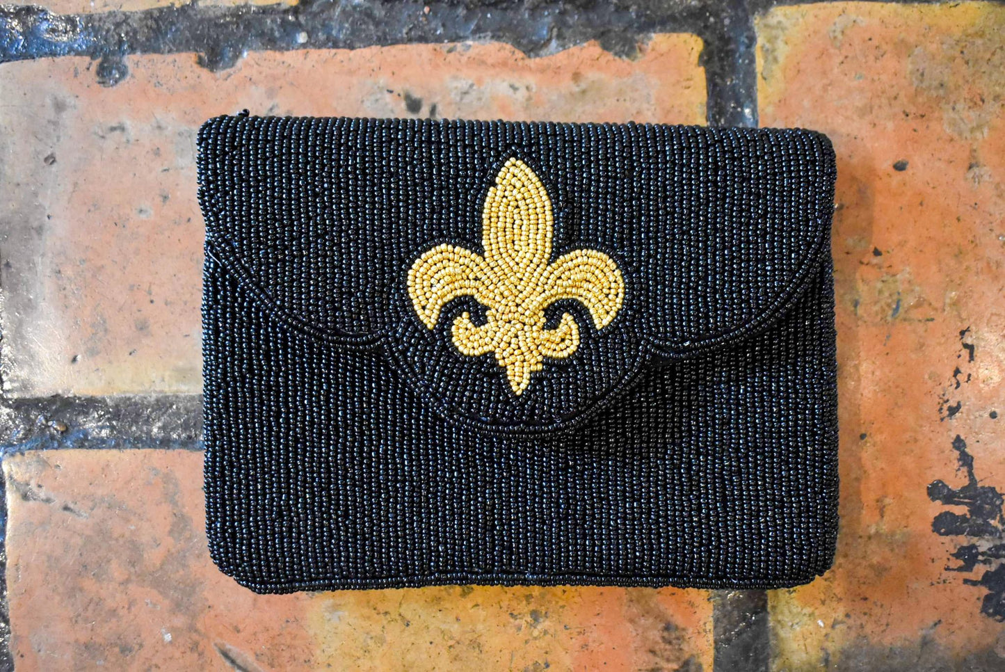 Fleur De Lis Black Beaded Clutch