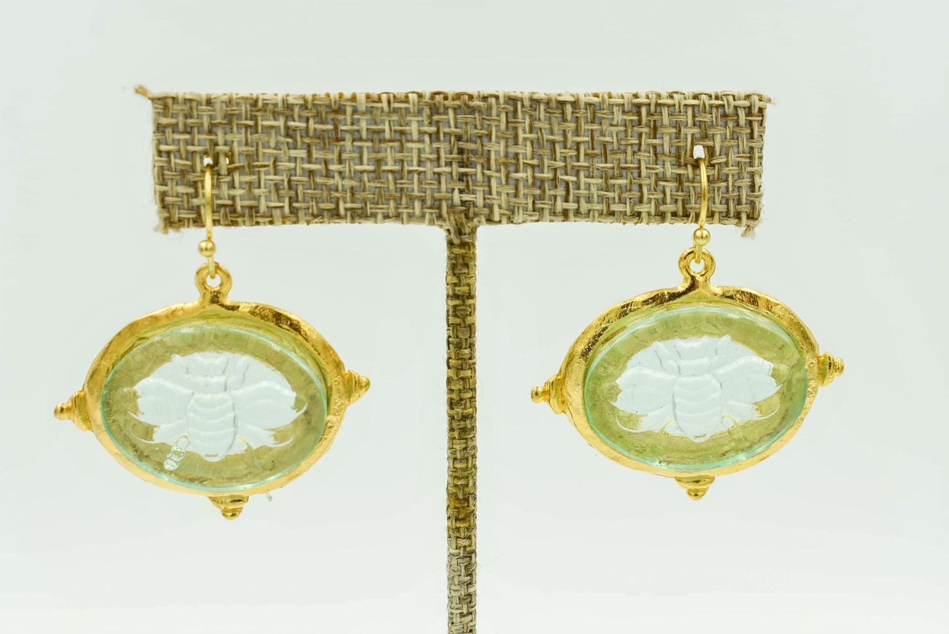 Clear Venetian Glass Bee Earring Handcast Gold  French Wire  1.65" 
