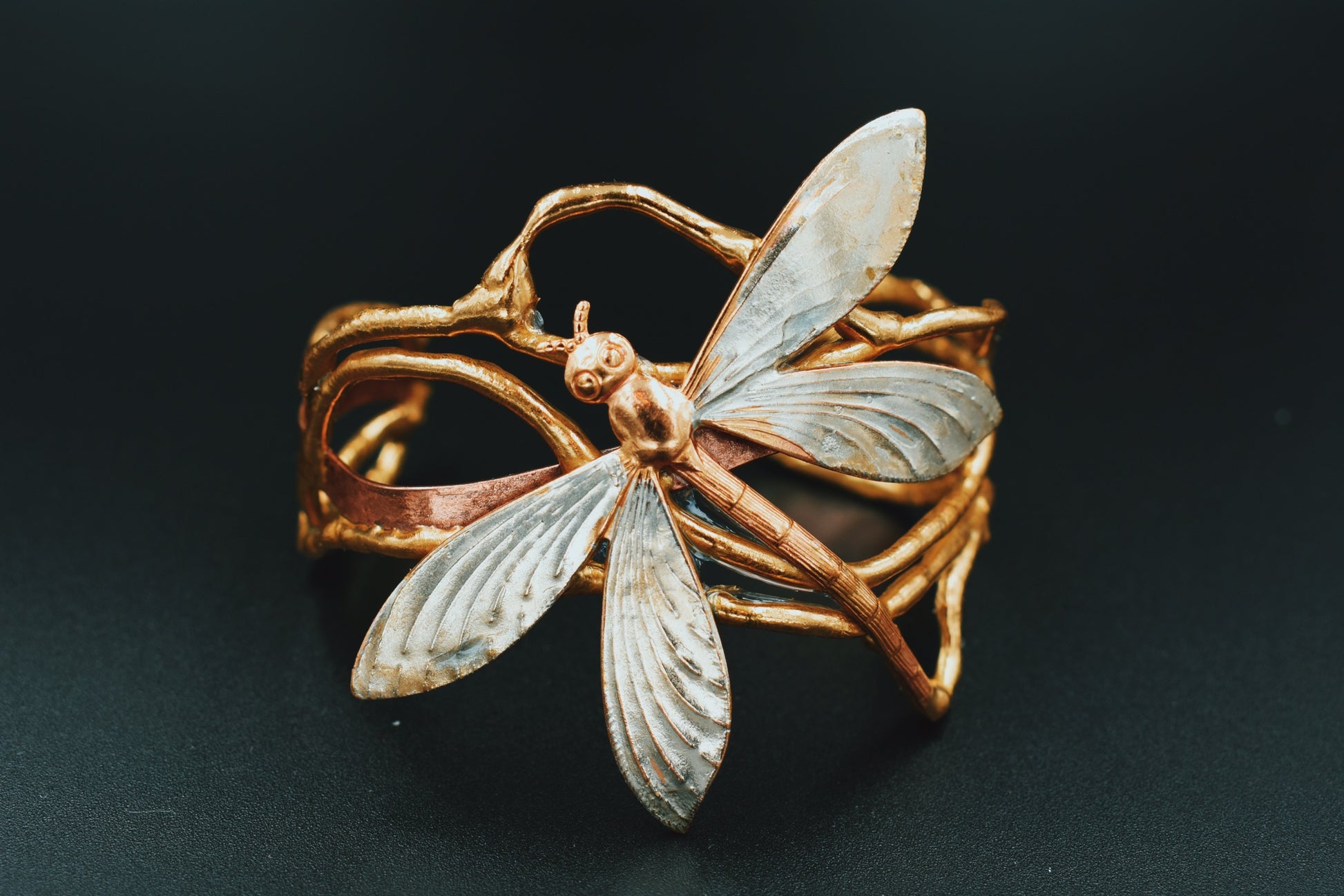 Dragonfly Cuff - Large Dragonfly - Adjustable Brass, bronze, and copper with silver Local Louisiana Artist