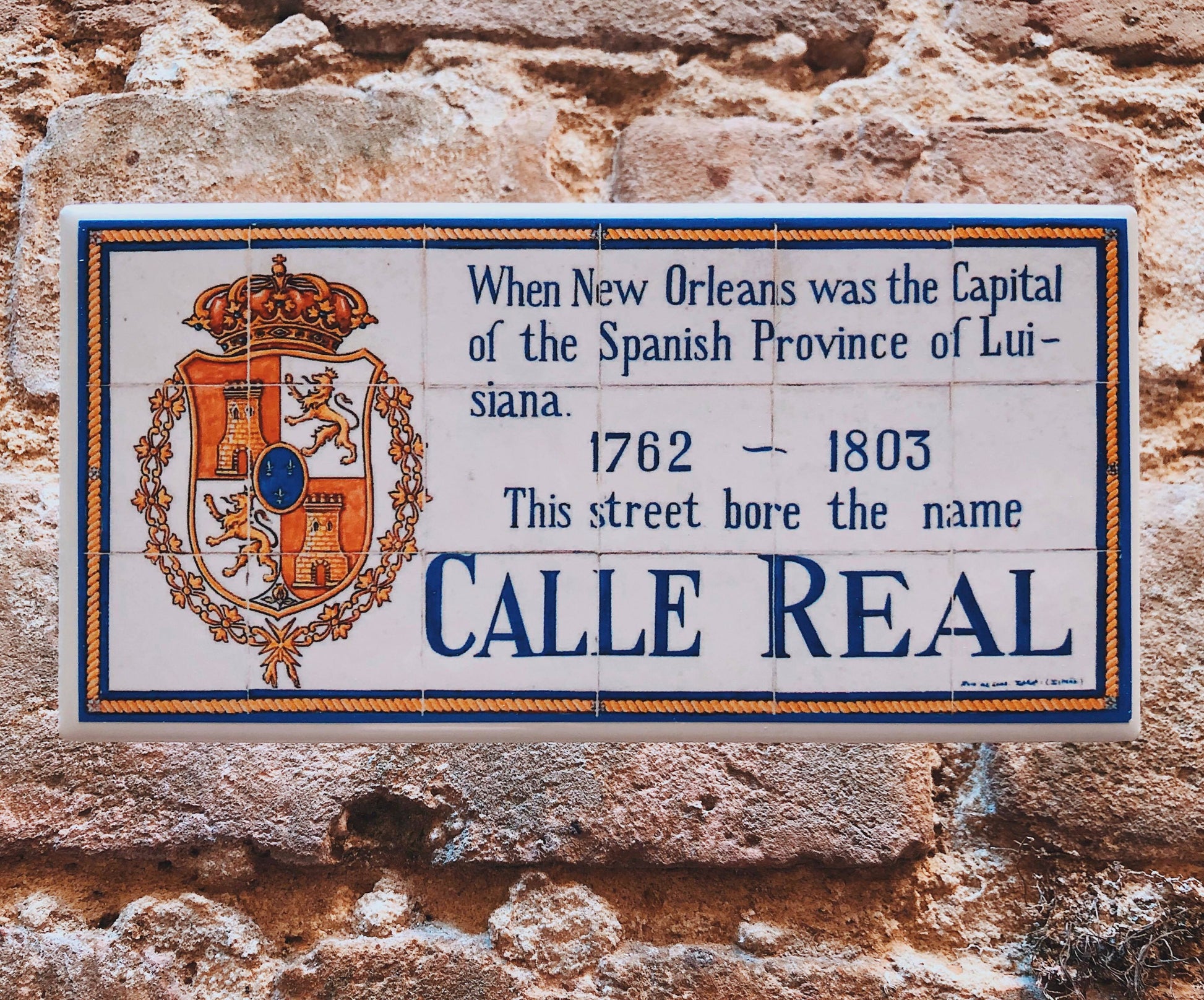 Replicas of the Spanish colonial street names found around the French Quarter. 6" x 3" tile  Locally made in Louisiana  Available names: Orleans, Bourbon, Plaza D' Armas, Real (Royal), Del Main (Dumaine) and San Luis (St. Louis)