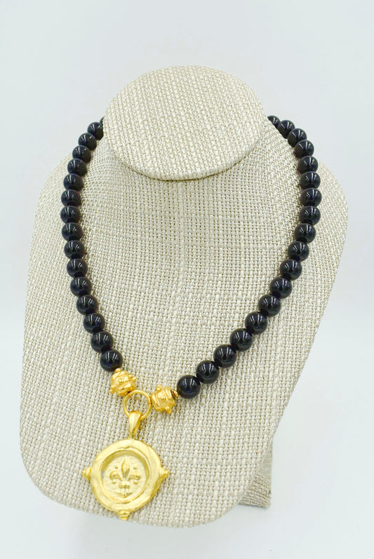Gold Fleur De Lis Intaglio on Semi Precious Necklace  16 inches with a 3 inch Extender Chain Handcast 24Kt Gold Plated 