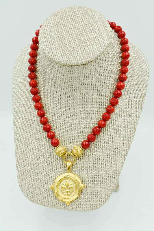 Red Coral Fleur De Lis Necklace