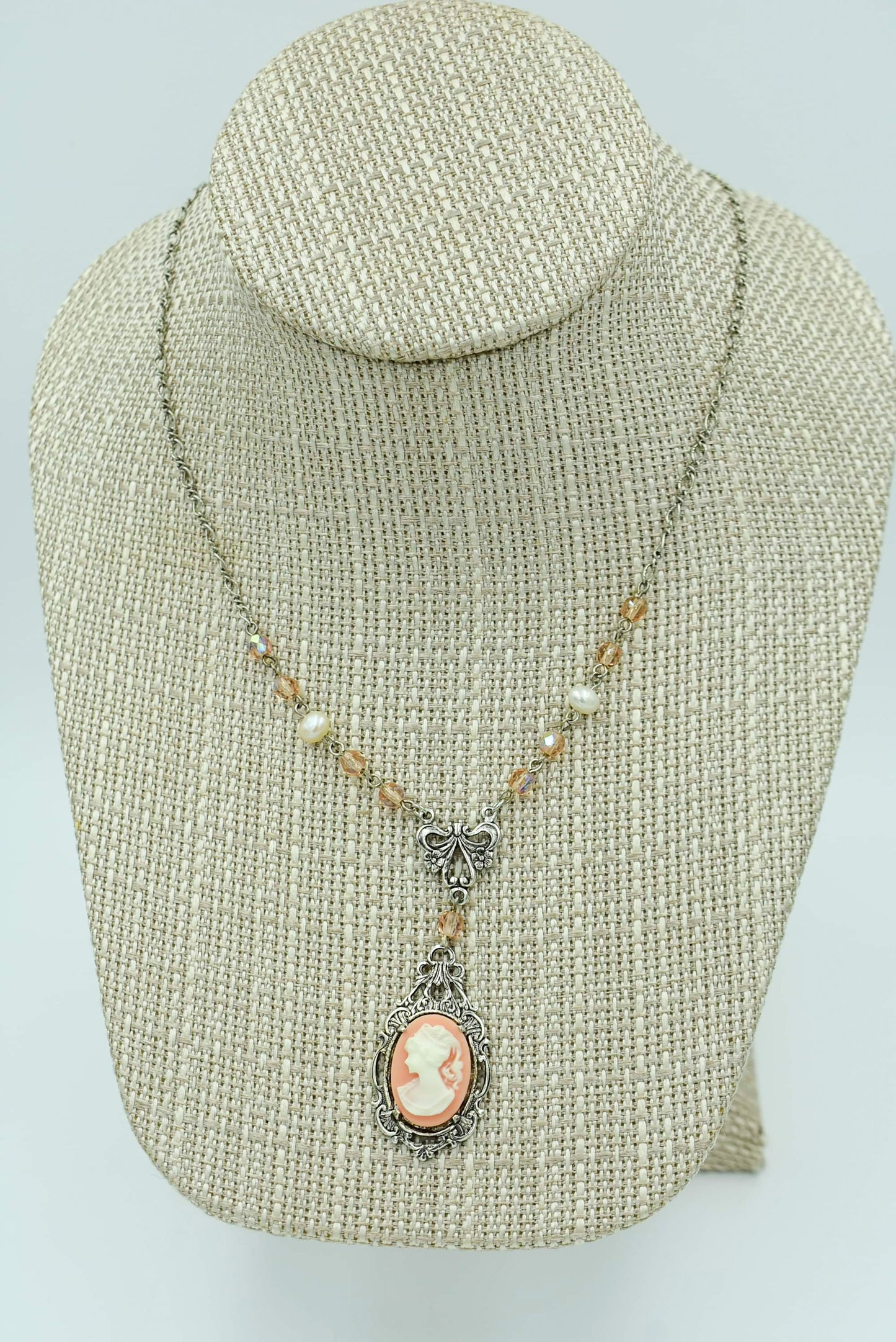 Victorian Cameo Necklace - Pink & Silver