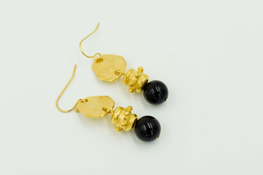 Triple plated 24k gold  Genuine onyx 1.88 inches long Wire Earring 