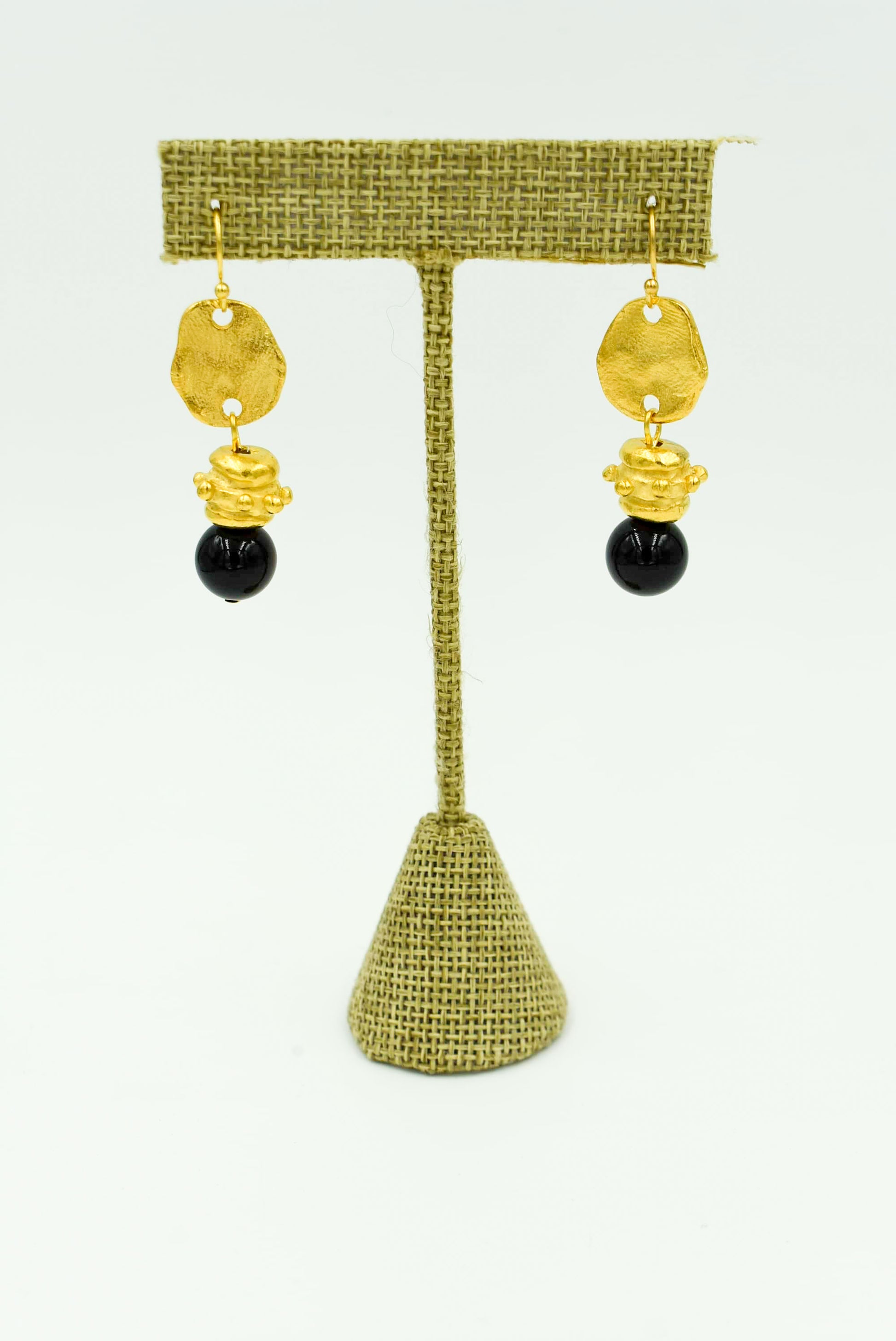 Triple plated 24k gold  Genuine onyx 1.88 inches long Wire Earring 