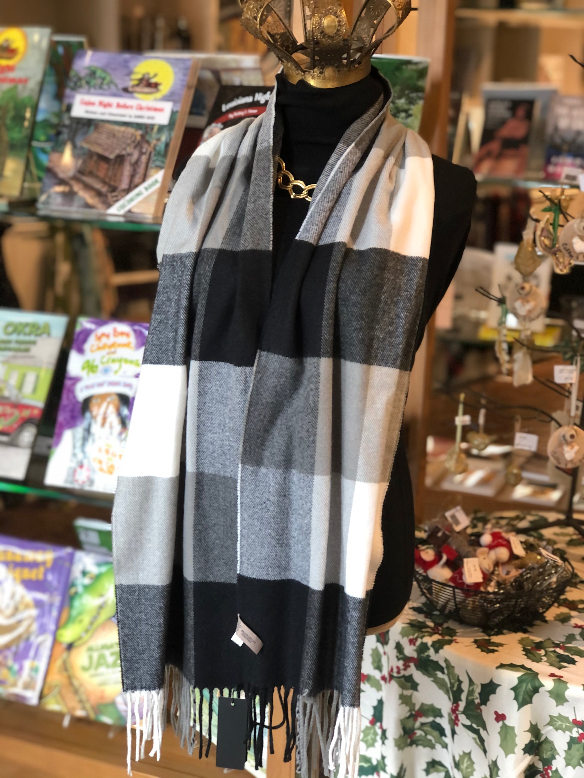 Black, White, and Grey Plaid Pattern Scarf 
