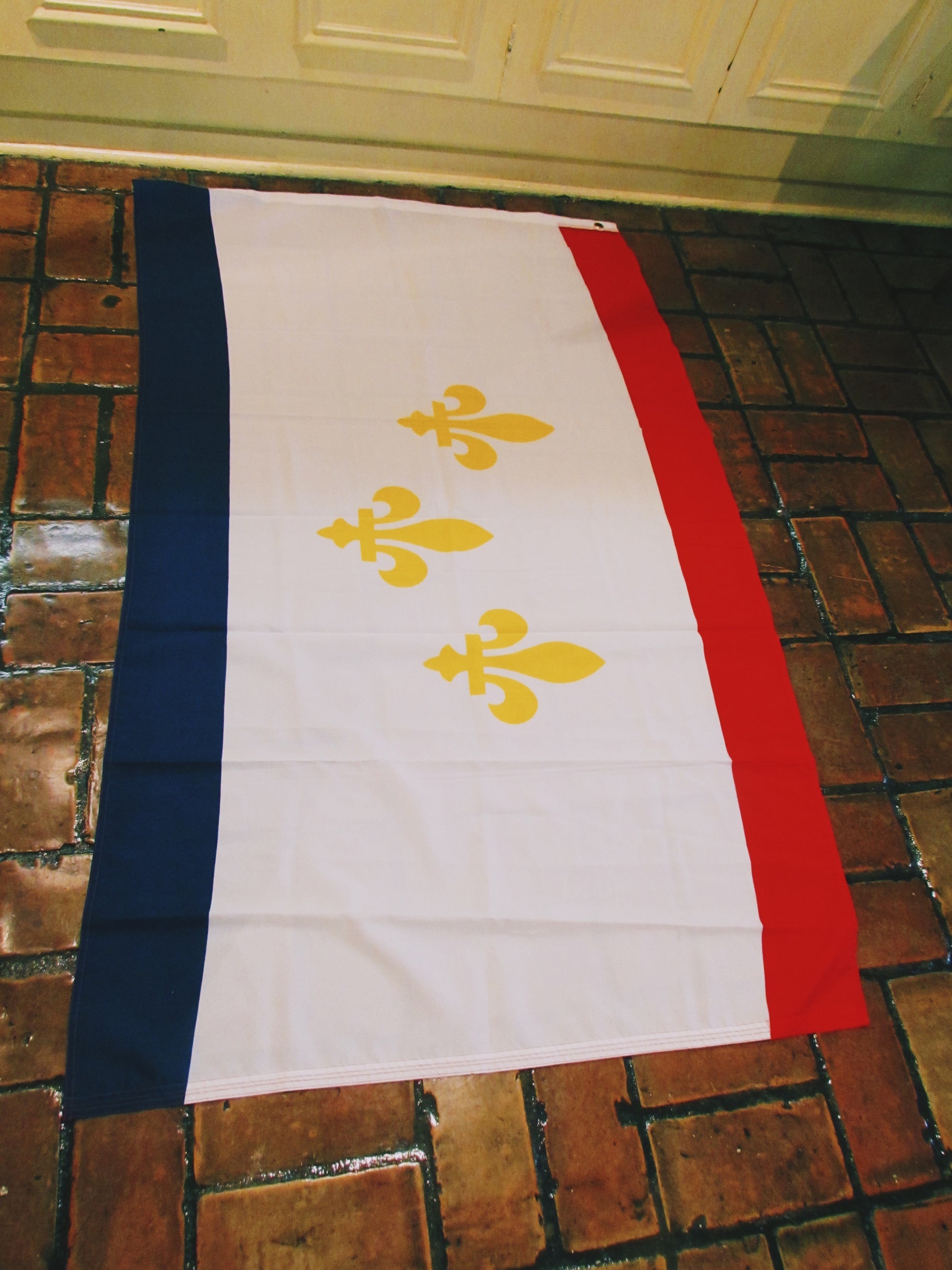 The municipal flag of New Orleans is the representative banner of the city of New Orleans, Louisiana. The flag has a large white field that contains three gold fleurs-de-lis and is bordered on the top by a red stripe and from below by a blue stripe.  3x5ft flag has header tape and 2 metal grommets Flag is dye-sublimated with beautiful bold colors. Printed on one side all the way through the fabric.  Double-stitched around all edges with 4 rows of stitching on fly edge. Made of 100 denier polyester 