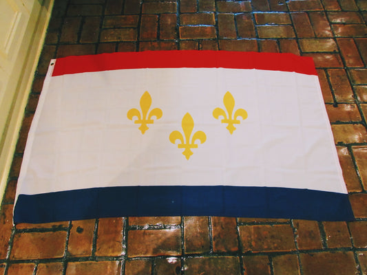 The municipal flag of New Orleans is the representative banner of the city of New Orleans, Louisiana. The flag has a large white field that contains three gold fleurs-de-lis and is bordered on the top by a red stripe and from below by a blue stripe.  3x5ft flag has header tape and 2 metal grommets Flag is dye-sublimated with beautiful bold colors. Printed on one side all the way through the fabric.  Double-stitched around all edges with 4 rows of stitching on fly edge. Made of 100 denier polyester 