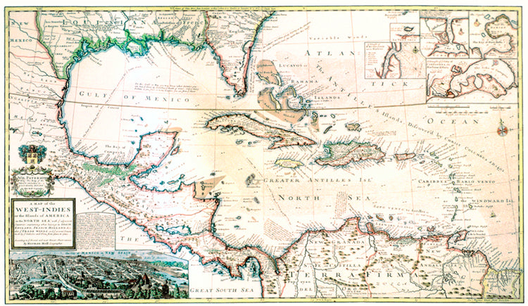 Herman Moll’s large and attractive map shows the Caribbean in 1715, the Gulf of Mexico, and the surrounding mainland and islands in great detail. Several inset harbor charts and a handsome view of Mexico City add to the beauty and interest of this distinctive engraving.  Size: 15 1/4 x 26 1/2 inches Colored Text Weight Paper Enclosed in tube to for product safety 